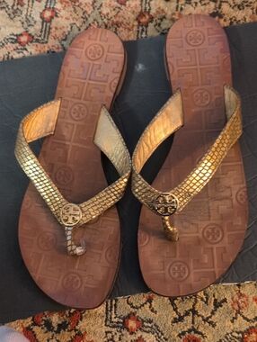 Tory Burch Gold Textured Logo Thong Sandals
